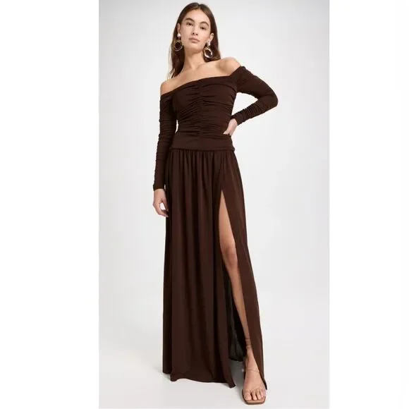 Tanya Taylor Marla Off-the-Shoulder Dress, Mocha Brown, NWT, Size 6 - Picture 2 of 11